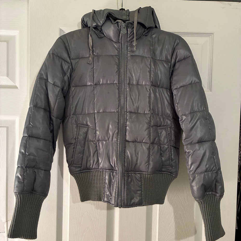 Old Navy Silver Puffer Bomber Fleece Lined Jacket w Hood Womens